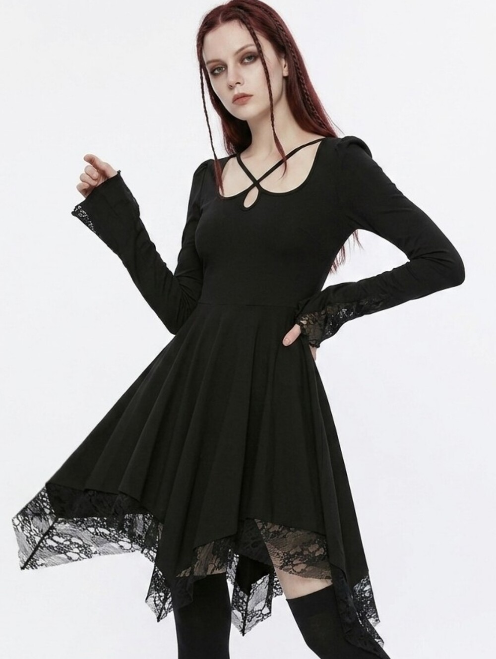 Punk Rave Black U Neckline Flared Sleeve Cuffs With Paneled Lace Trim
